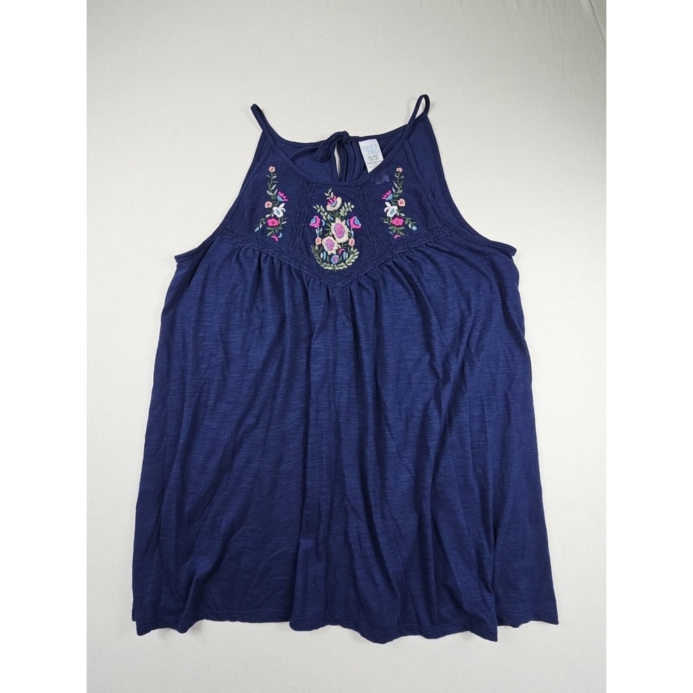 Time And Tru Womens Tank Top Blouse Size XL (16-18) Floral Embroidered Navy Blue